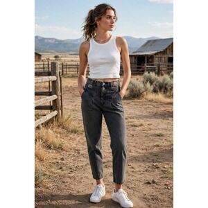 Vtg DEB Jeans Womens 7/8 Pleated High Rise Acid Wash Black  Retro Western Denim
